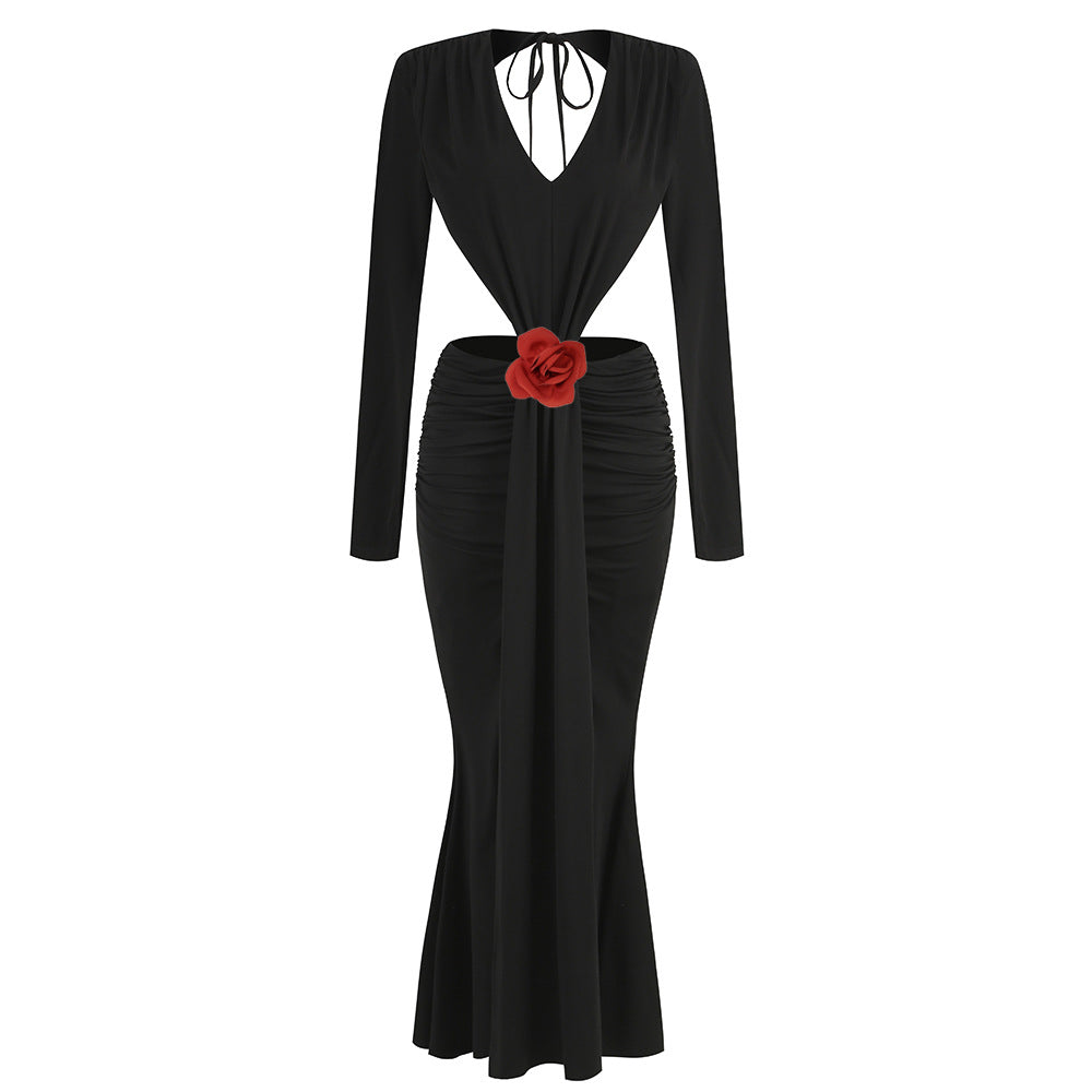 V-neck Backless Long Sleeves Skirt Waist Decorative Flower Split Fishtail Gown Dress Long