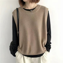 Women Sleeveless Vest Bandage Dress Outer Wear Solid Color Round Neck Vest