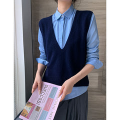Elegant Deep V-neck Pure Wool Versatile Layered Knit Vest
