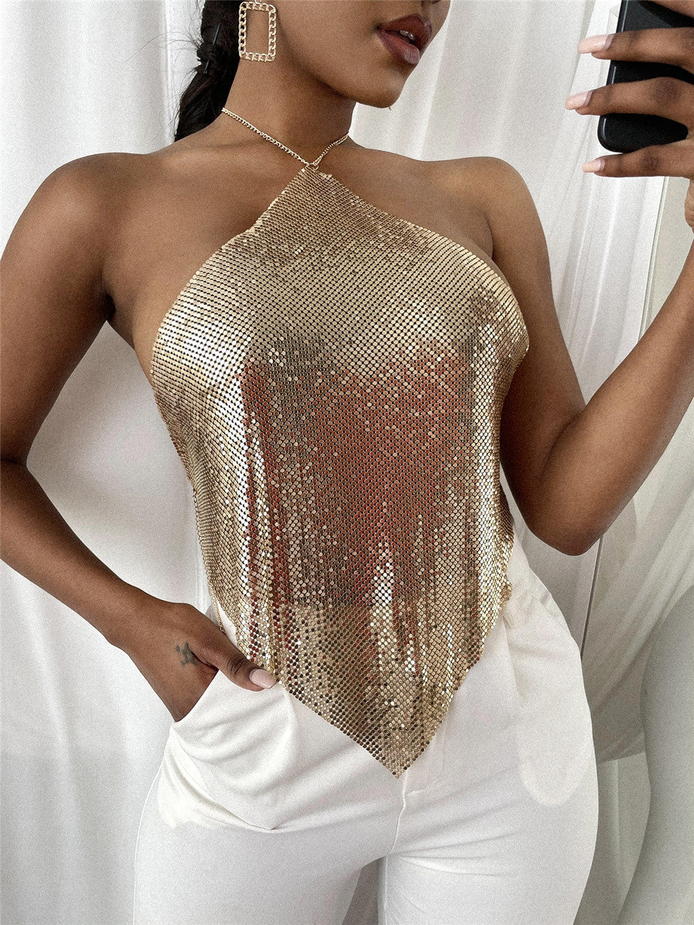 New Solid Color Metal Hot Girl Halter Sequin Sling Top For Women