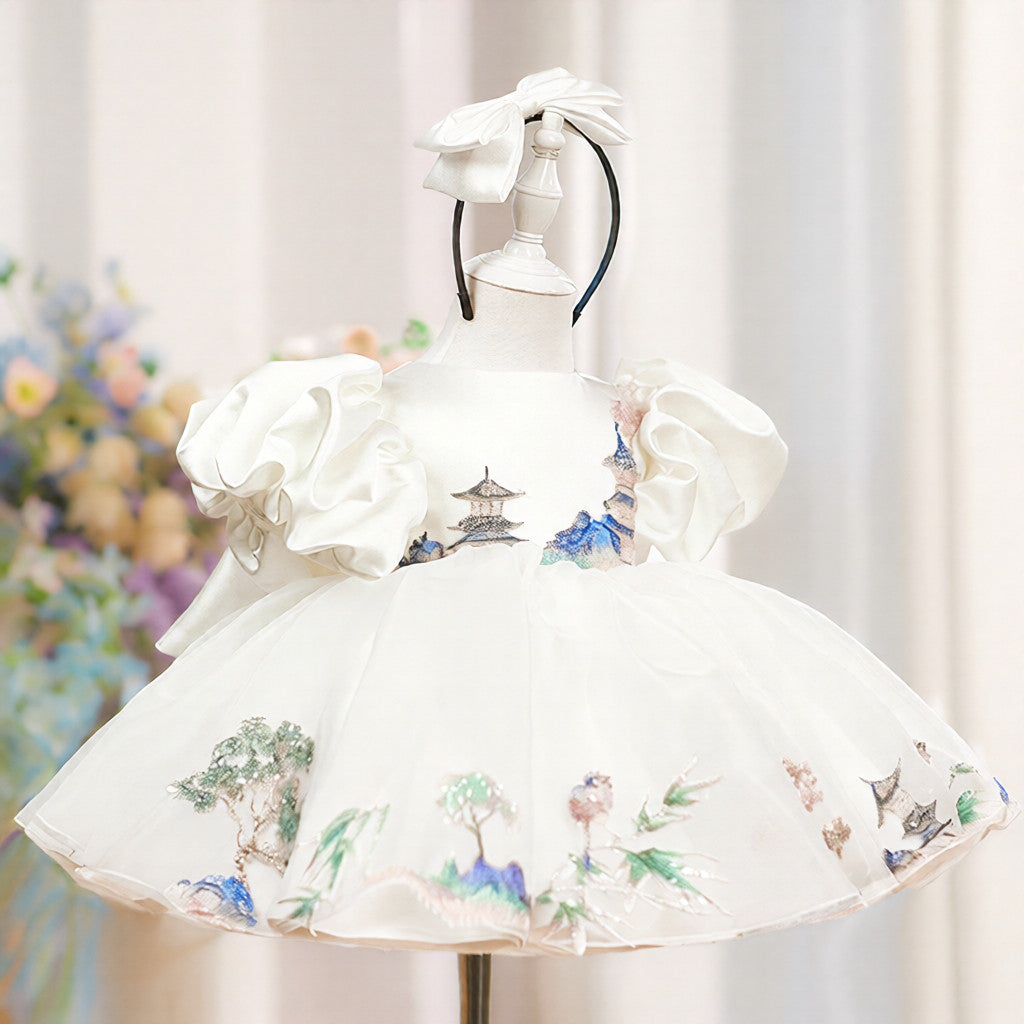 Childrens White Puff-sleeved Satin Ball Gown