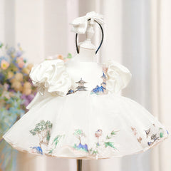 Childrens White Puff-sleeved Satin Ball Gown