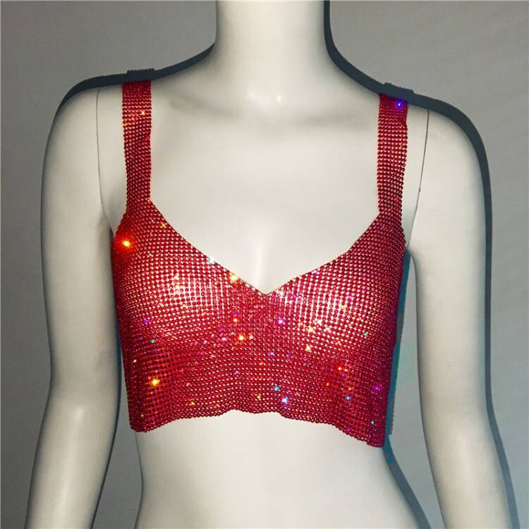Deep V Rhinestone Metal Camisole Split Short Top