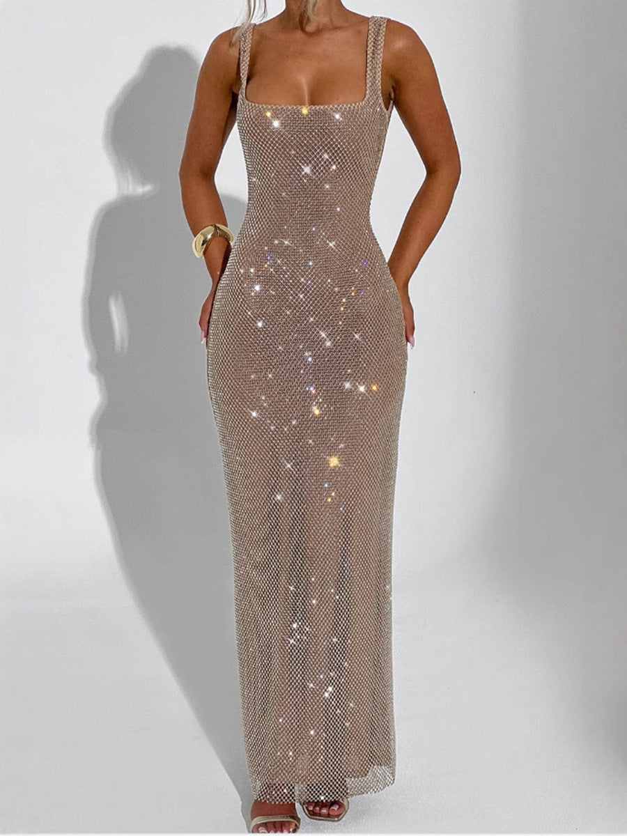 Double-shoulder Strap Sequins Net Drill Suspenders Dress
