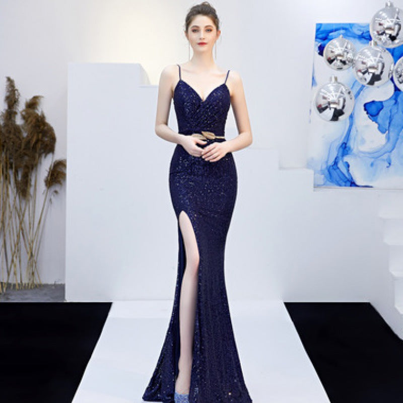New Banquet Elegant Annual Meeting Long Host Deep V Fishtail Sequined Dress