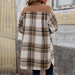 New Brushed Plaid Long Coat With Pockets Fashion Winter Jacket Outwear Women's Clothing