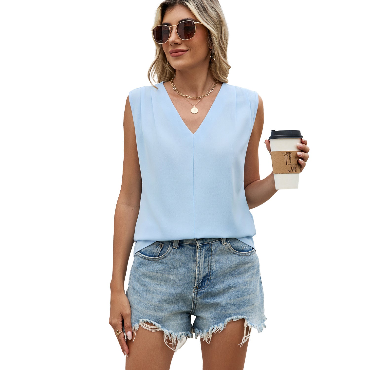 Solid-color Chiffon Blouse Loose-fit V-neck Ruffled Sleeveless Topvest