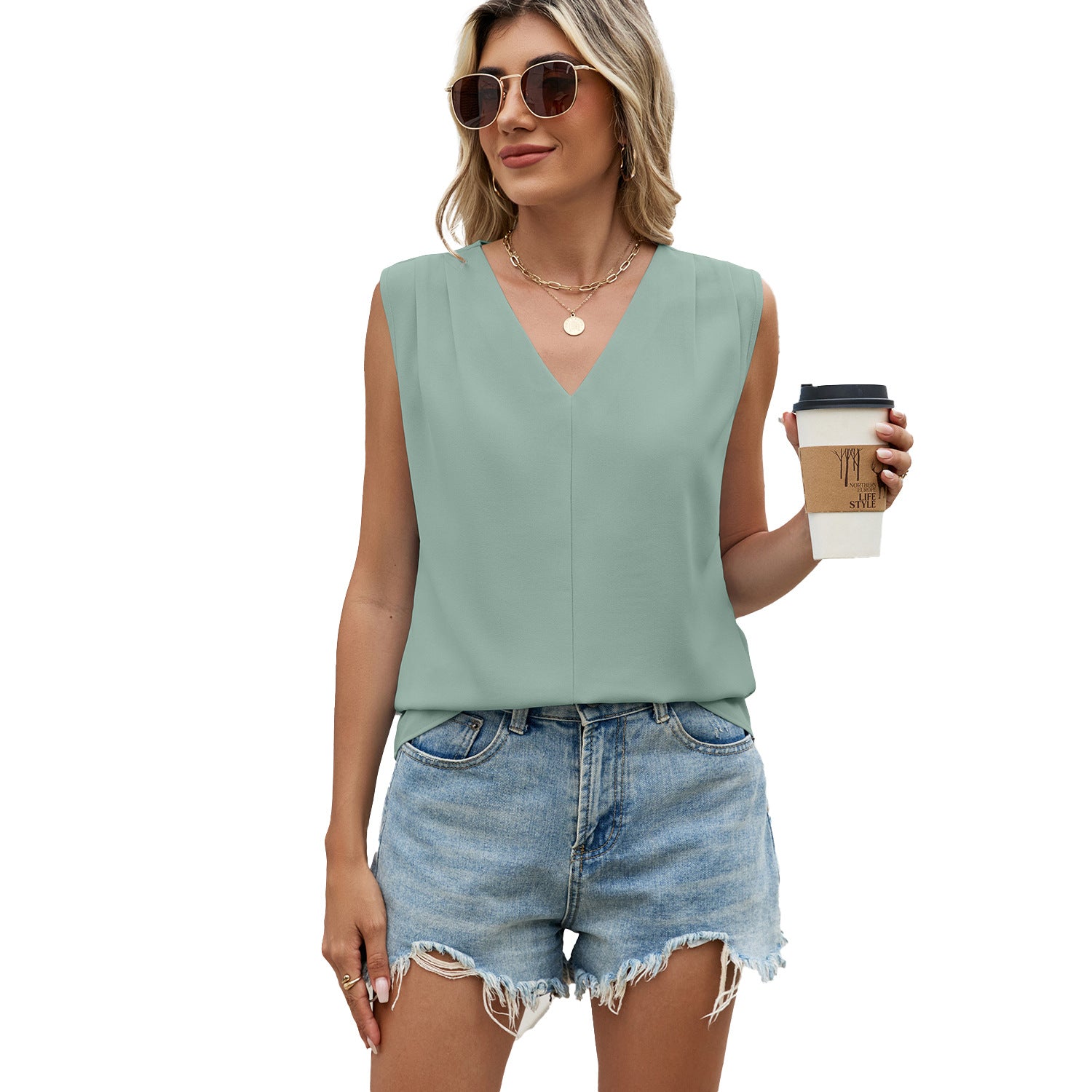 Solid-color Chiffon Blouse Loose-fit V-neck Ruffled Sleeveless Topvest