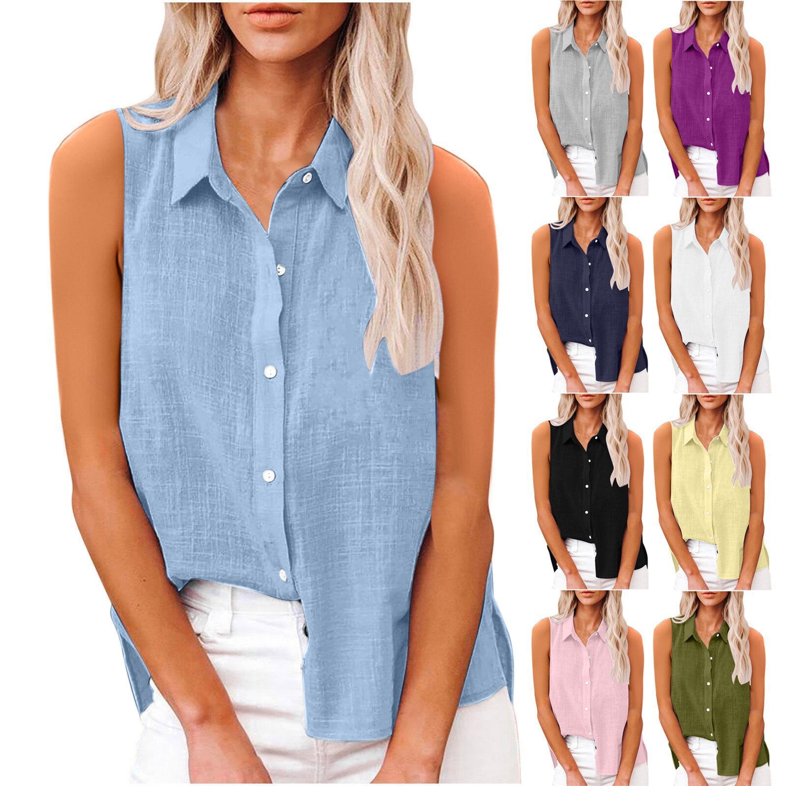 Cotton And Linen Buttoned Sleeveless Shirt Womens Clothing