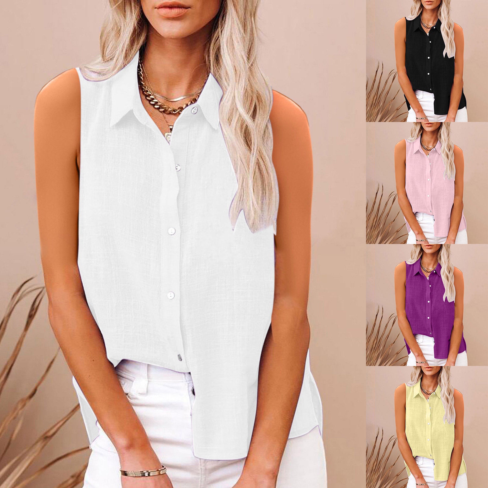 Cotton And Linen Buttoned Sleeveless Shirt Womens Clothing