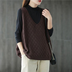 Womens Retro Loose-Neck Hollow-Out Knitted Vest