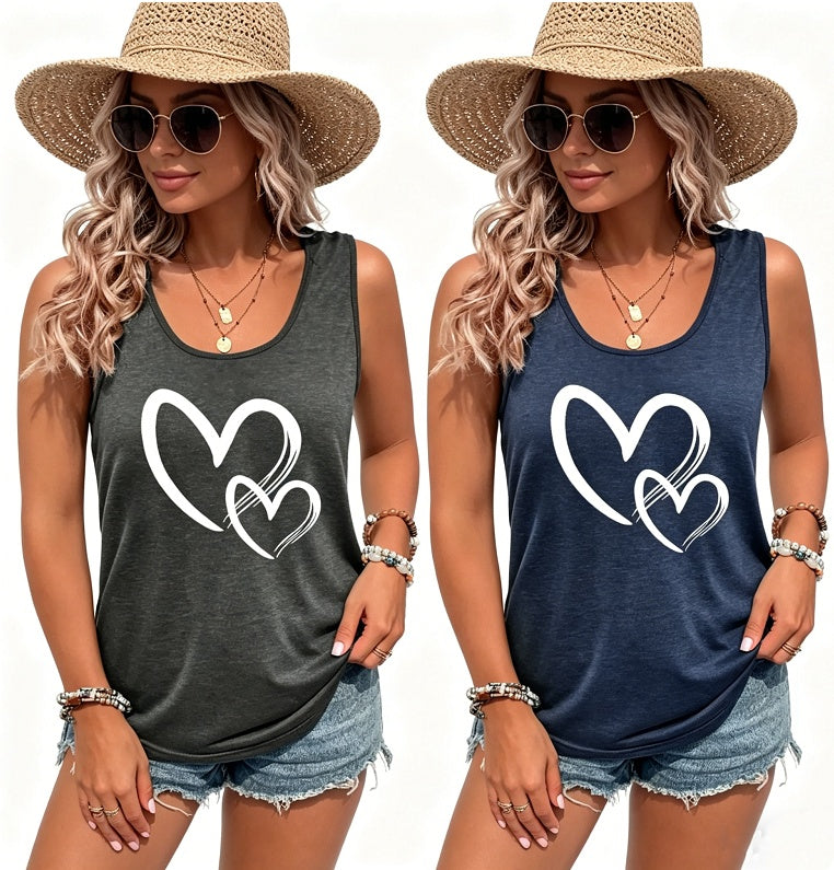 Hearts Print Crew Neck Tank Top, Casual Sleeveless Tank Top For Summer, Women's Clothing