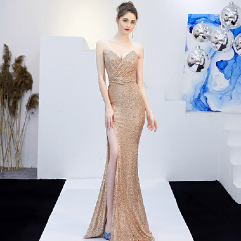 New Banquet Elegant Annual Meeting Long Host Deep V Fishtail Sequined Dress
