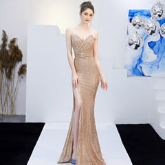 New Banquet Elegant Annual Meeting Long Host Deep V Fishtail Sequined Dress