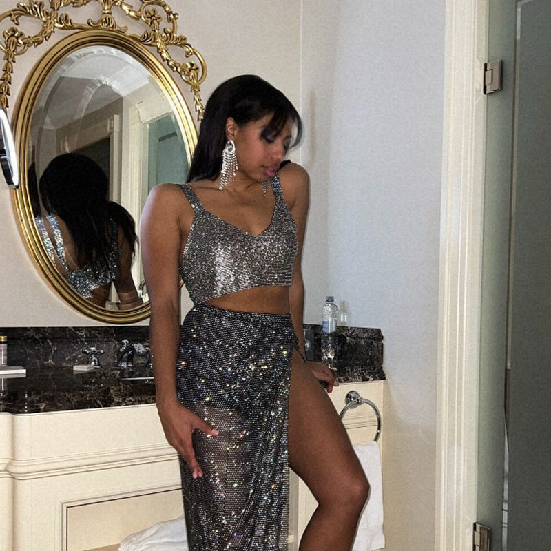 Deep V Rhinestone Metal Camisole Split Short Top