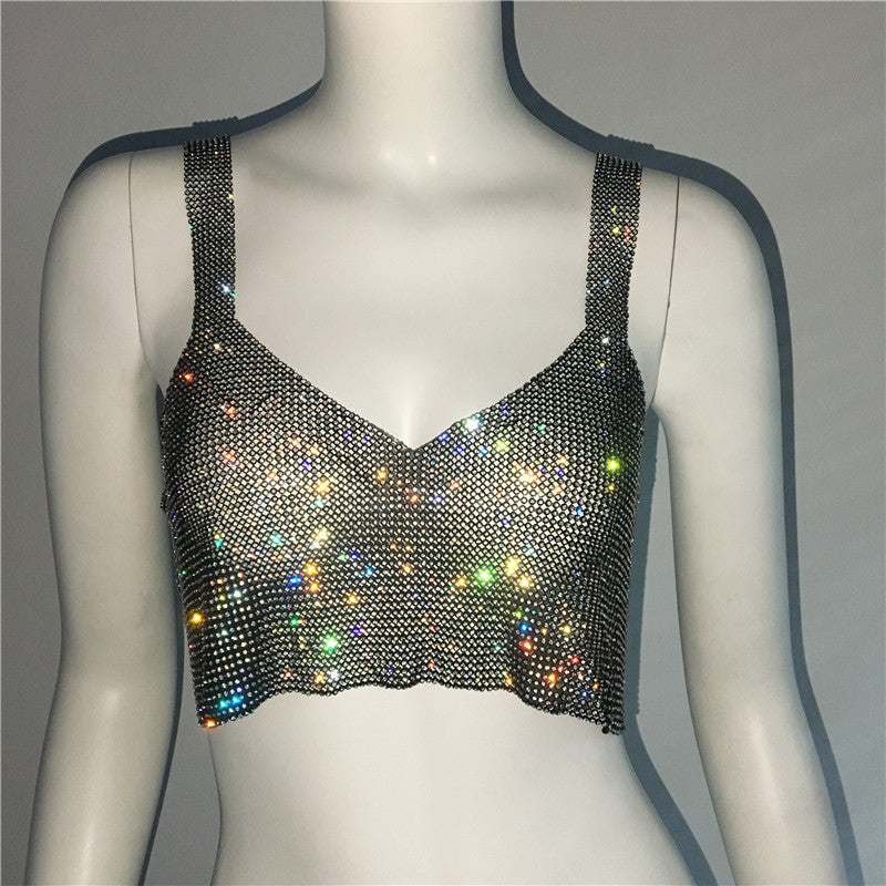 Deep V Rhinestone Metal Camisole Split Short Top