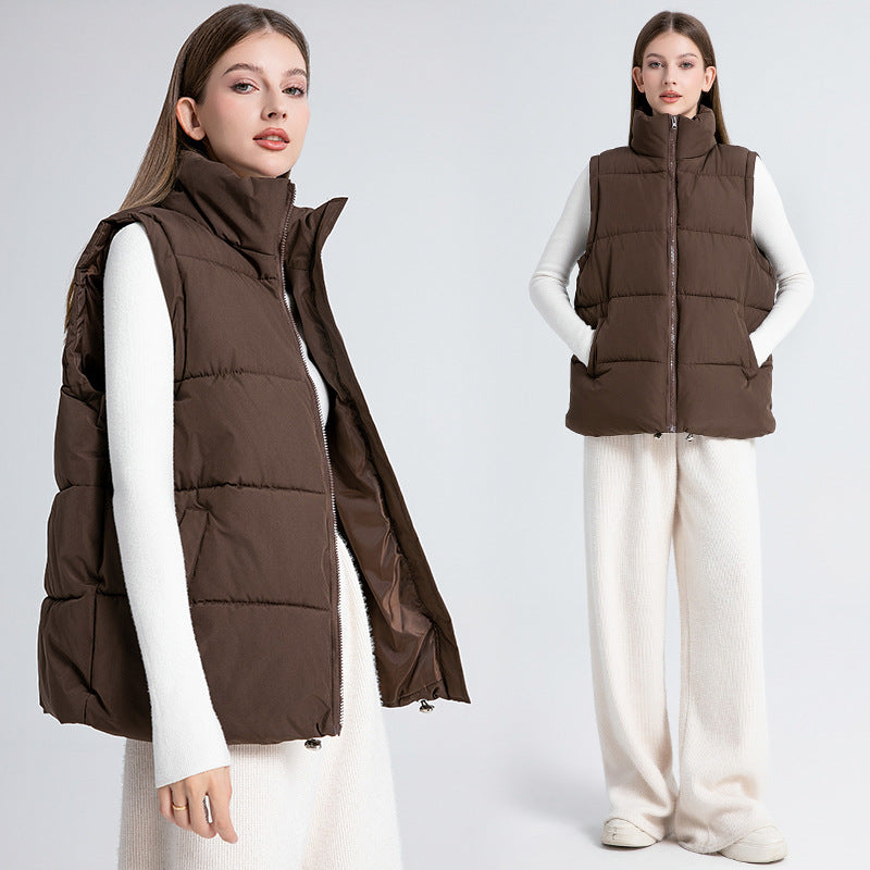 Women's Sleeveless Mid-length Stand-up Collar Thermal Down Cotton Thickened Vest