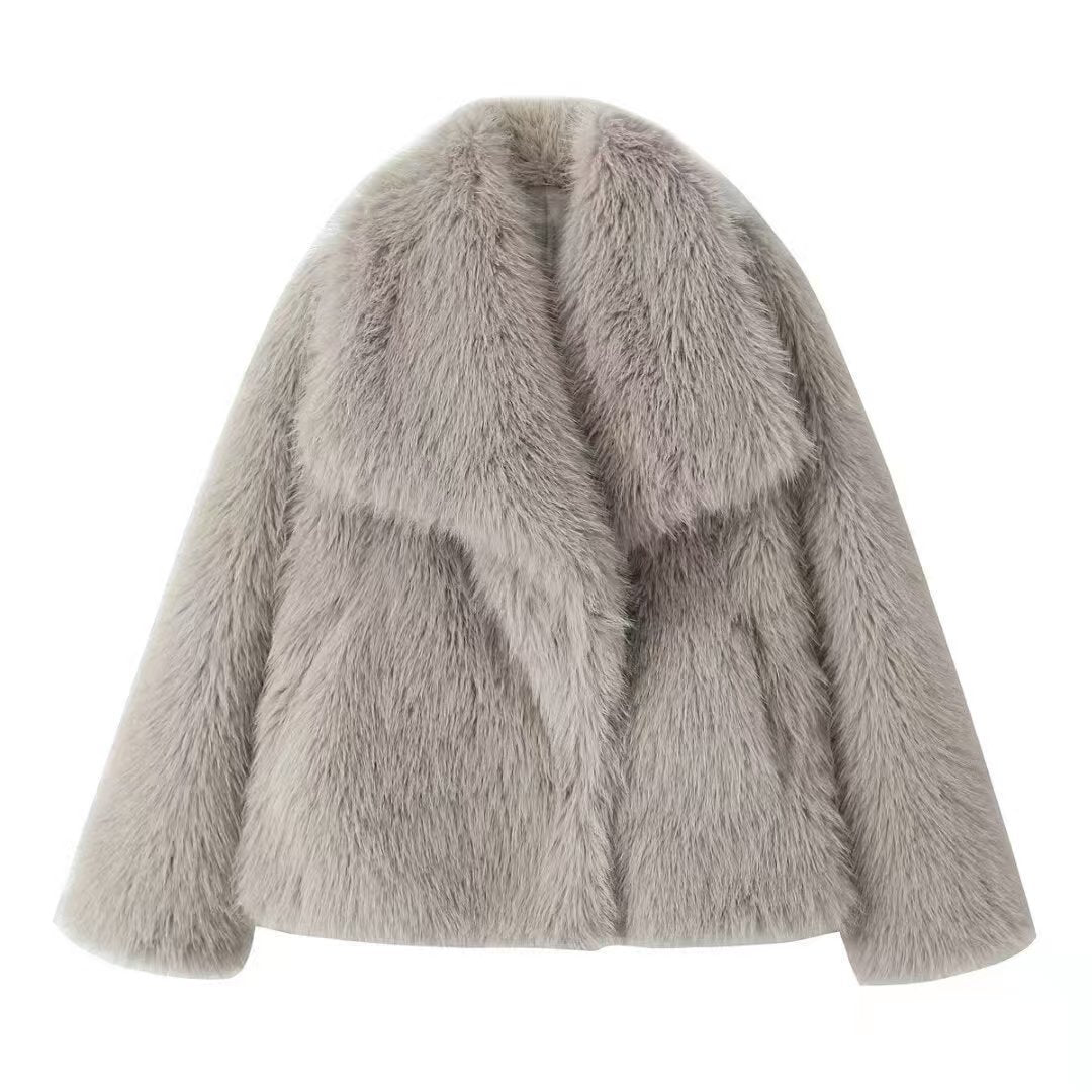 Women's Lapel Long Sleeve Faux Fur Snap Cardigan Loose Short Coat
