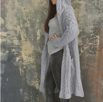 Coarse Women Loose Twist Braids Lazy Wind Hooded Long Cardigan Sweater