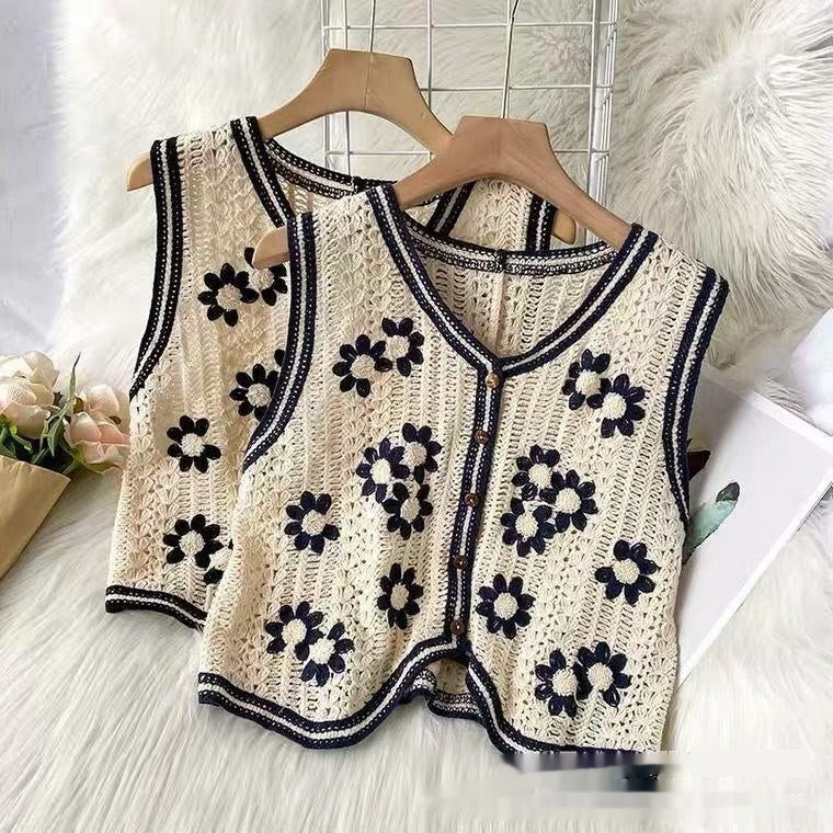 Women's Knitted Embroidered Sleeveless Hollow-Out Top Vest