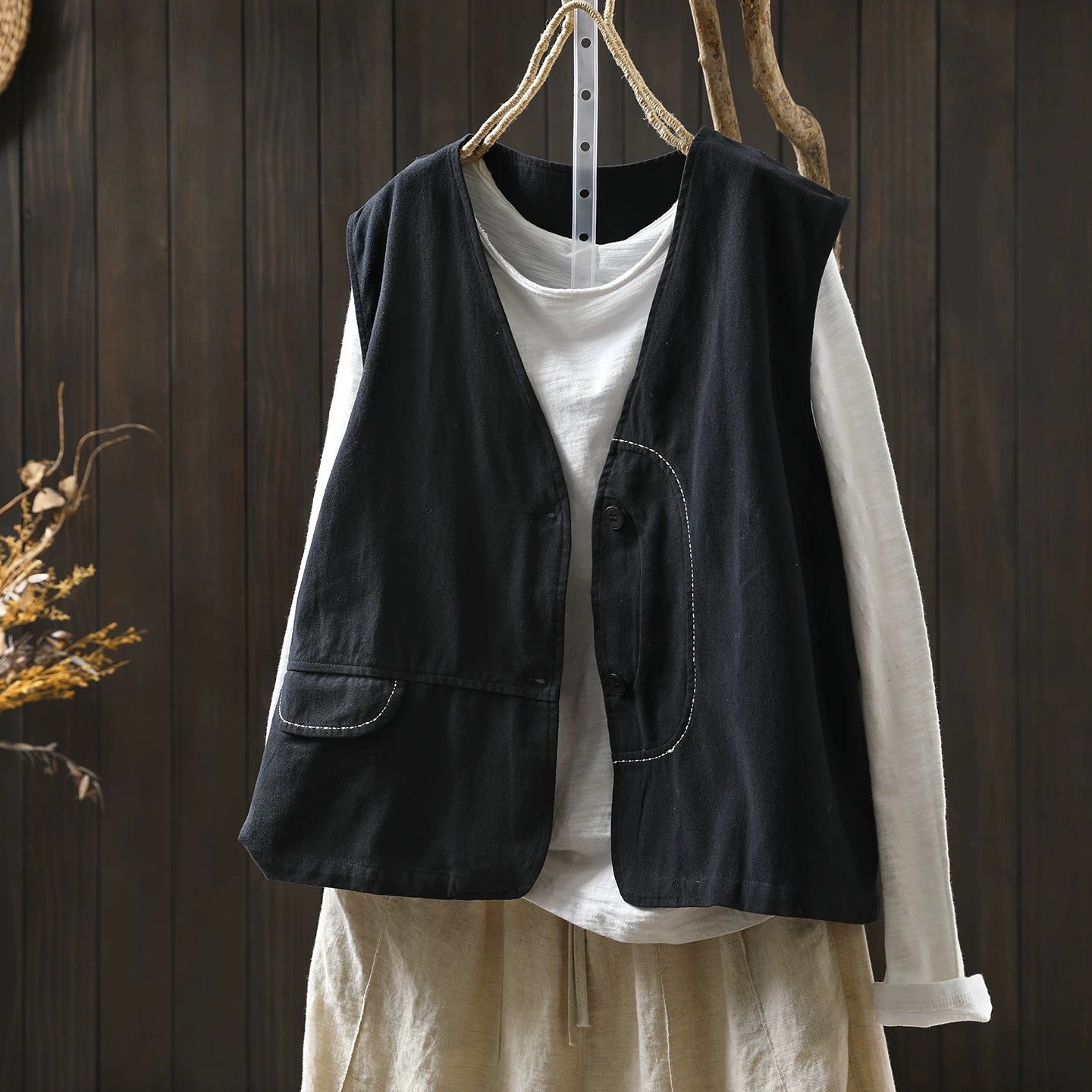 Cotton-Linen V-Neck Sleeveless Chic Womens Vest