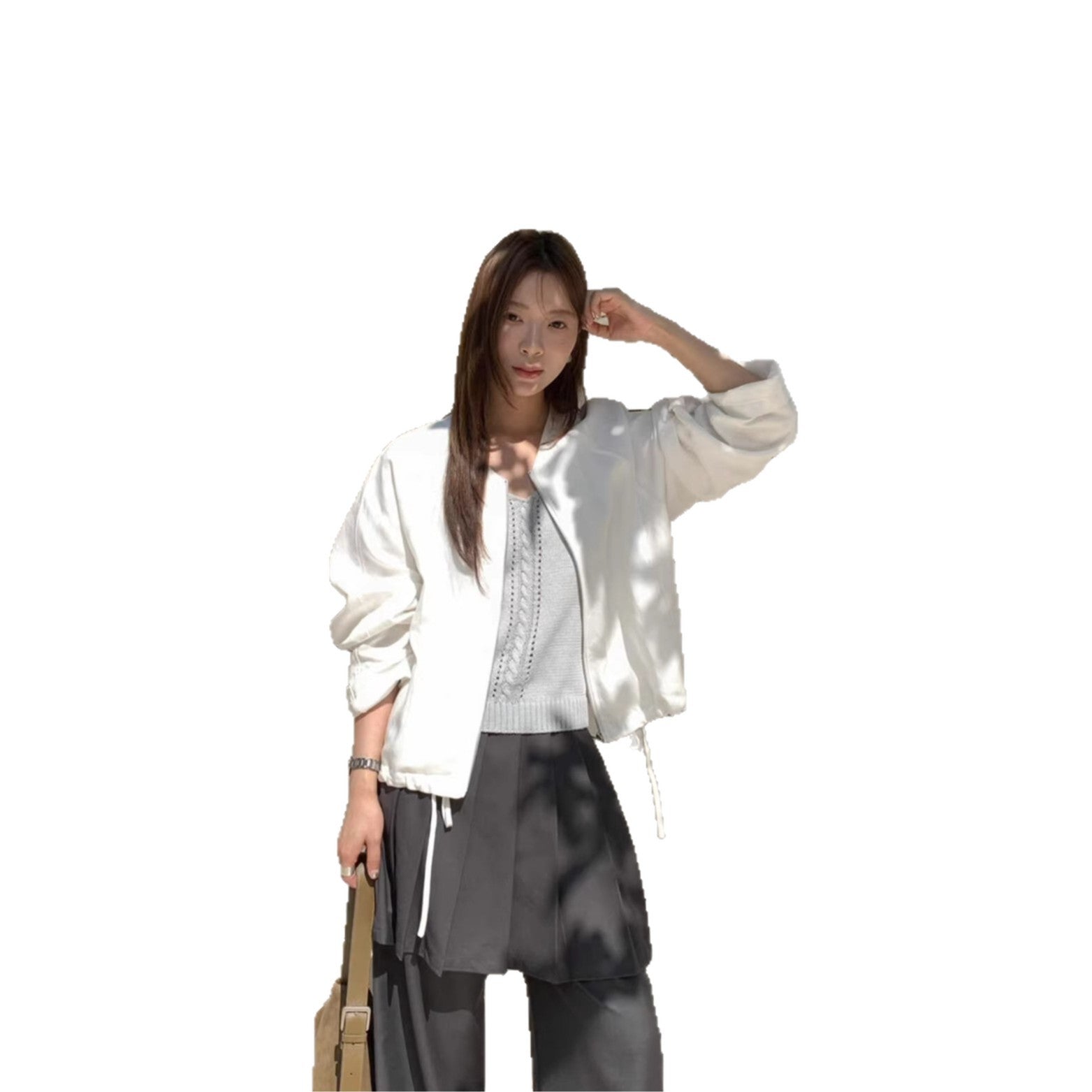 Lyocell Casual All-Match Commuter Round-Neck Zip-Up Short Jacket