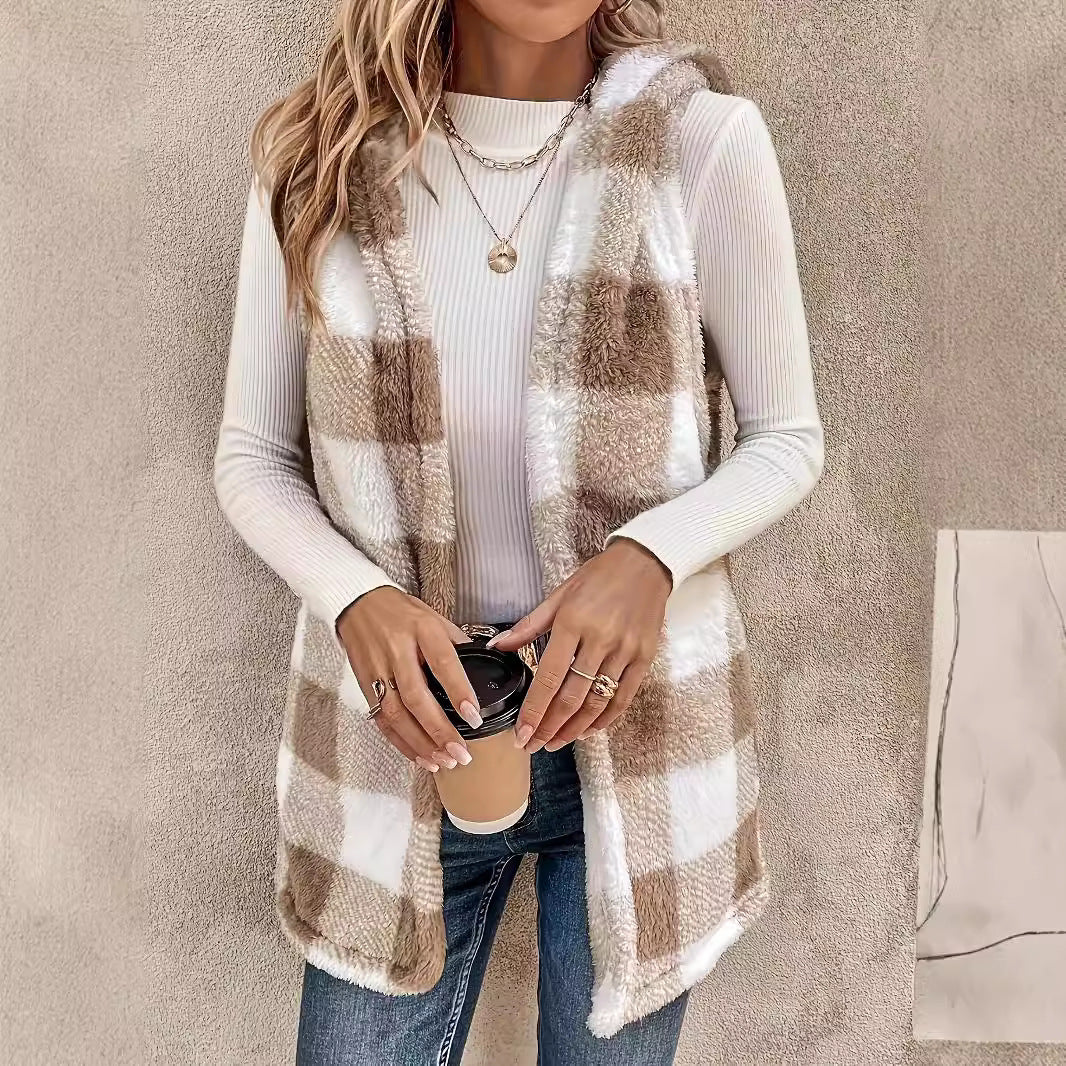 Fashion Elegant Cardigan Two-tone Plaid Hooded Women's Plush Vest Coat