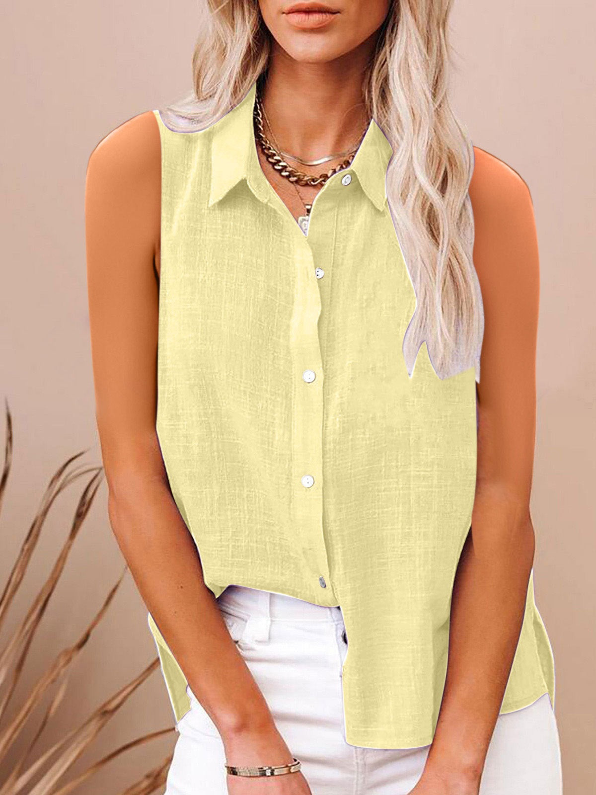 Cotton And Linen Buttoned Sleeveless Shirt Womens Clothing