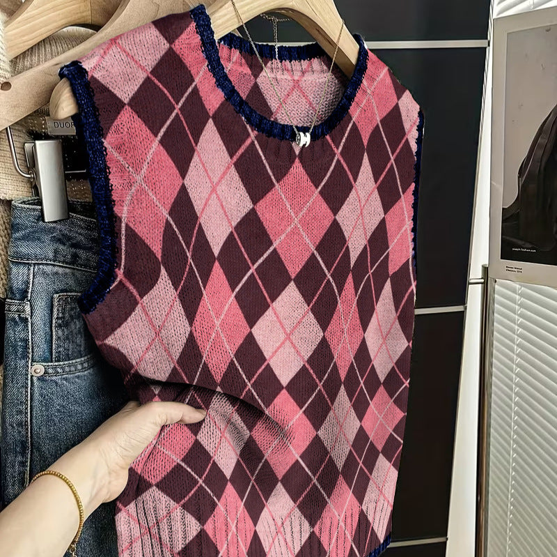 Sleeveless Vest For Women Early Spring Retro Color-block Knit