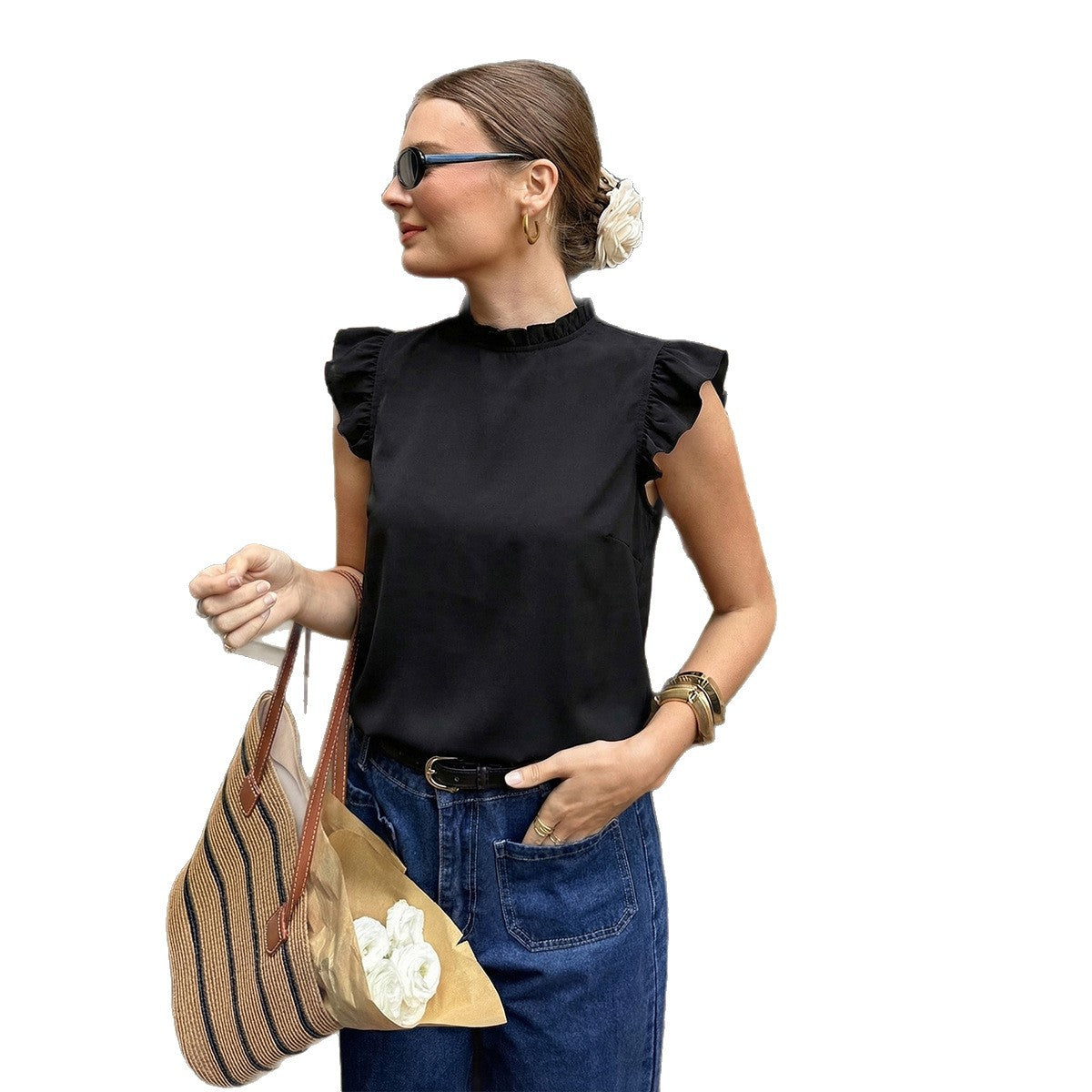 Women's French-style Ruffle-trimmed Stand Collar Flounce-sleeveless Top