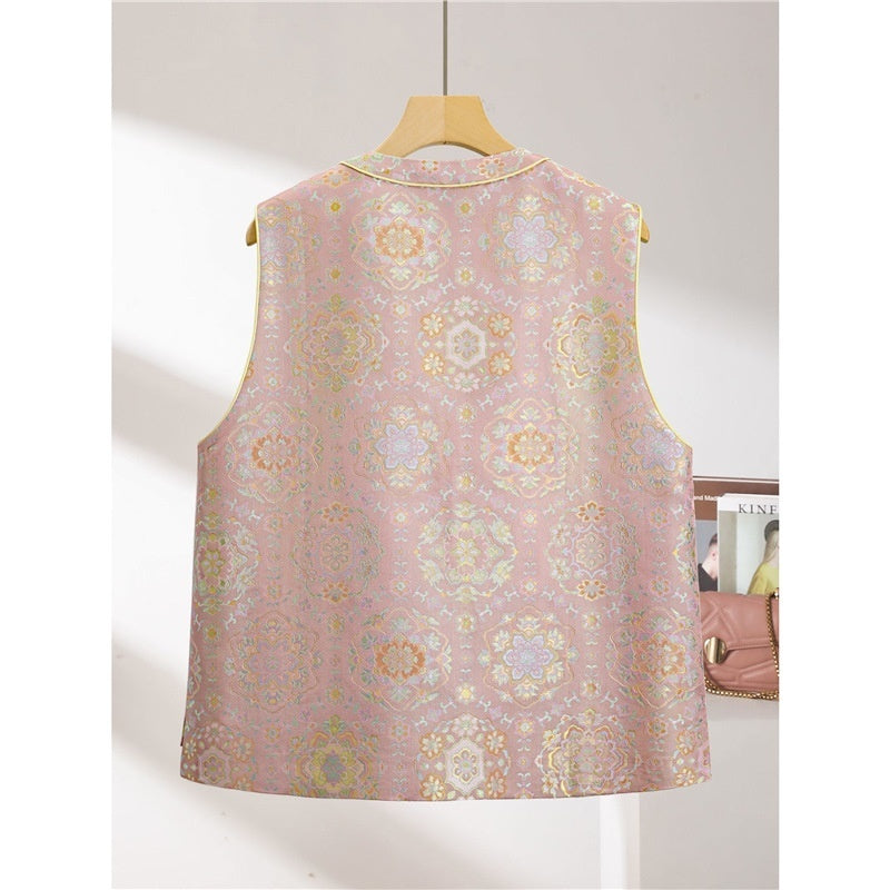 Spring Chinese-style Waistcoat With Brocade Peony Blossom Design