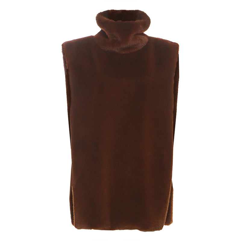 Fashionable Solid-Color Turtleneck Fleece Vest Sleeveless Jacket Womens Top