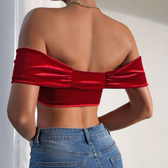 Velvet Stitching Flower Lace Slim Off-the-shoulder Top