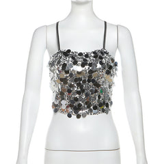Sequined Halter Lace Up Slim Fit Backless Short Vest