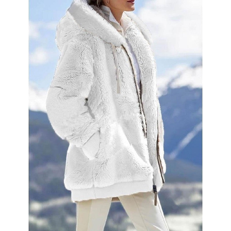 Women's Loose Plush Multicolor Hooded Jacket