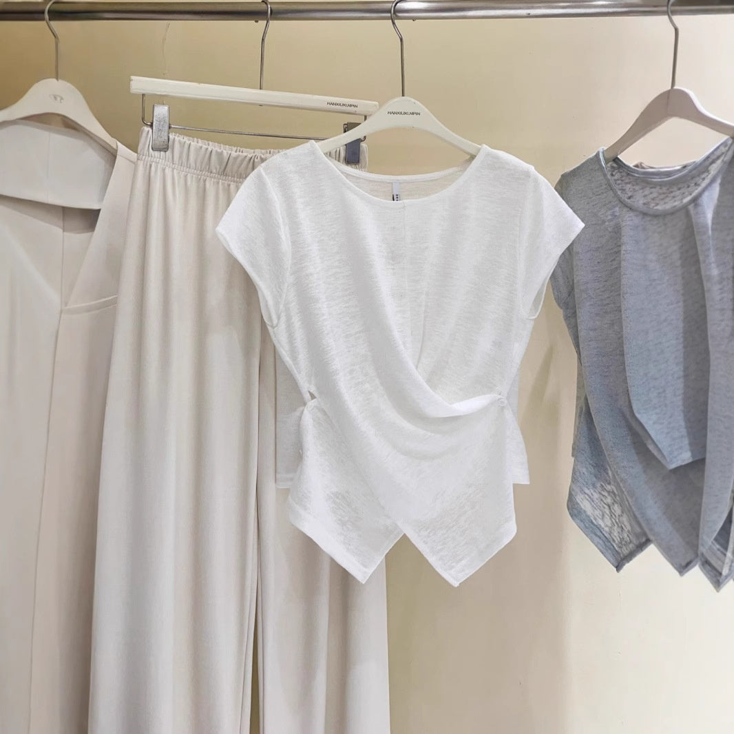 Korean-style Buttoned Crossover Hem Short-sleeve T-shirt