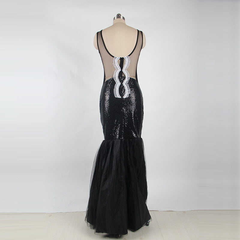 Europe and America long skirt sleeveless sequin mesh stitching banquet evening dress dew backpack hip fishtail mopping dress