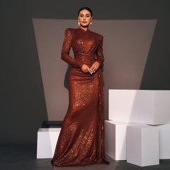 Long Sleeve Round Neck Slim Long Sequined Banquet Dress