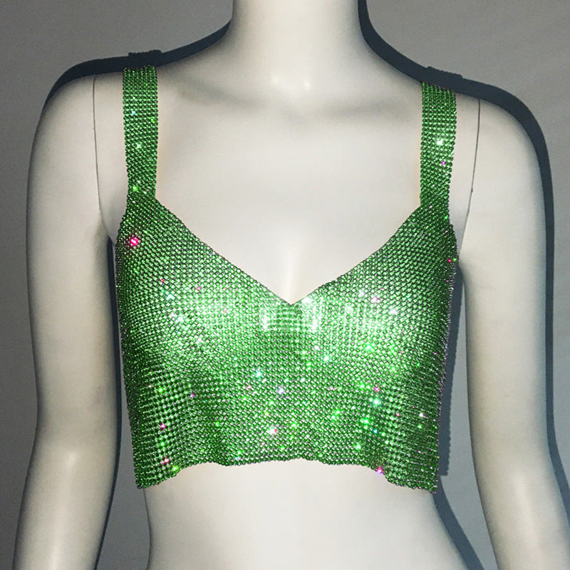 Deep V Rhinestone Metal Camisole Split Short Top