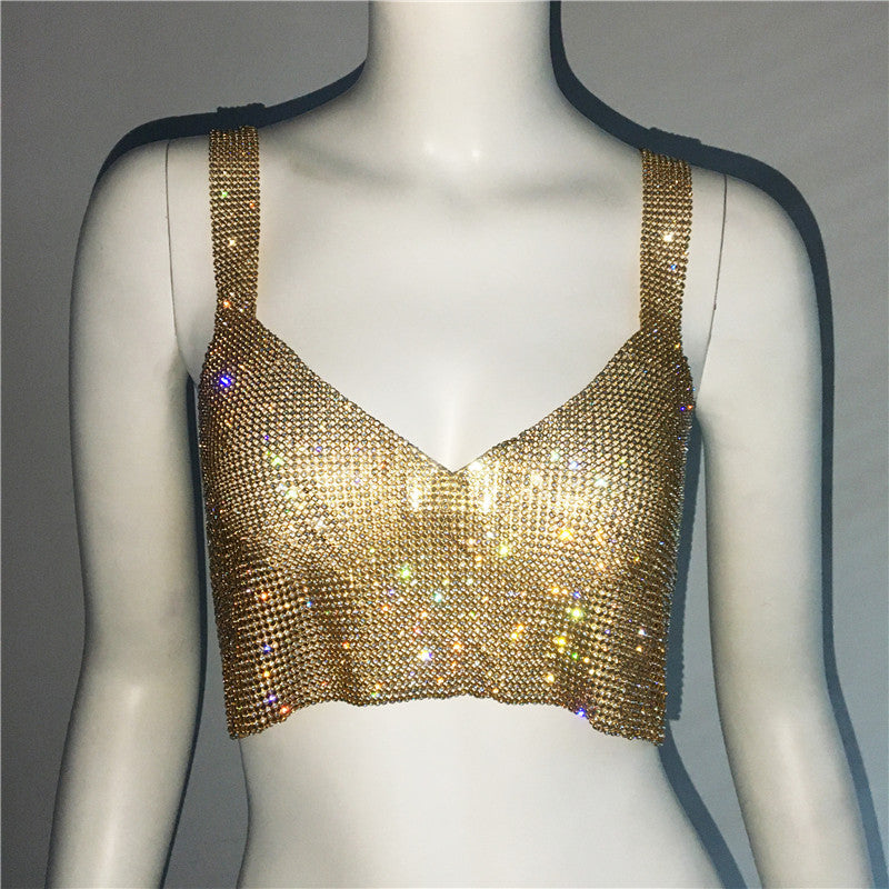 Deep V Rhinestone Metal Camisole Split Short Top