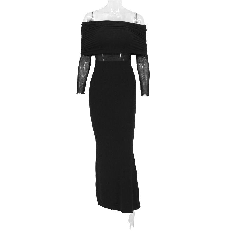 Women's Winter Off-the-shoulder Pleated Long Sleeve Polyester Dress