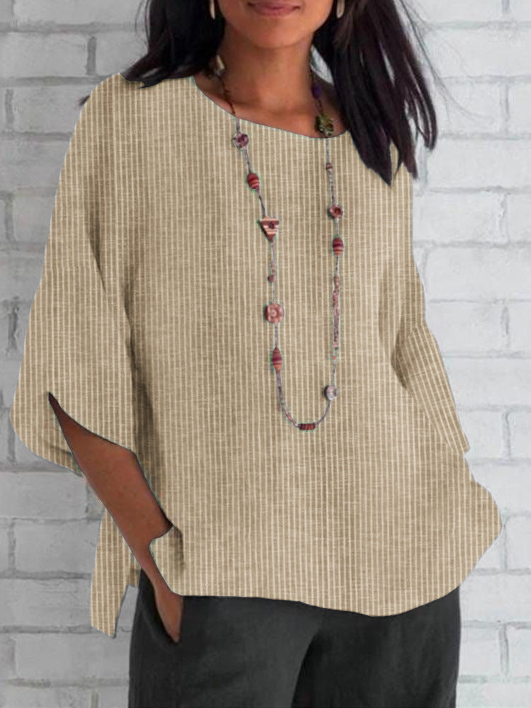 Round-neck Cotton-linen Solid-color Loose Top