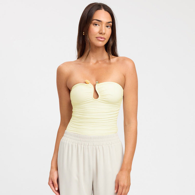 Solid Color Chest-wrapped Backless Pleated Agate T-shirt