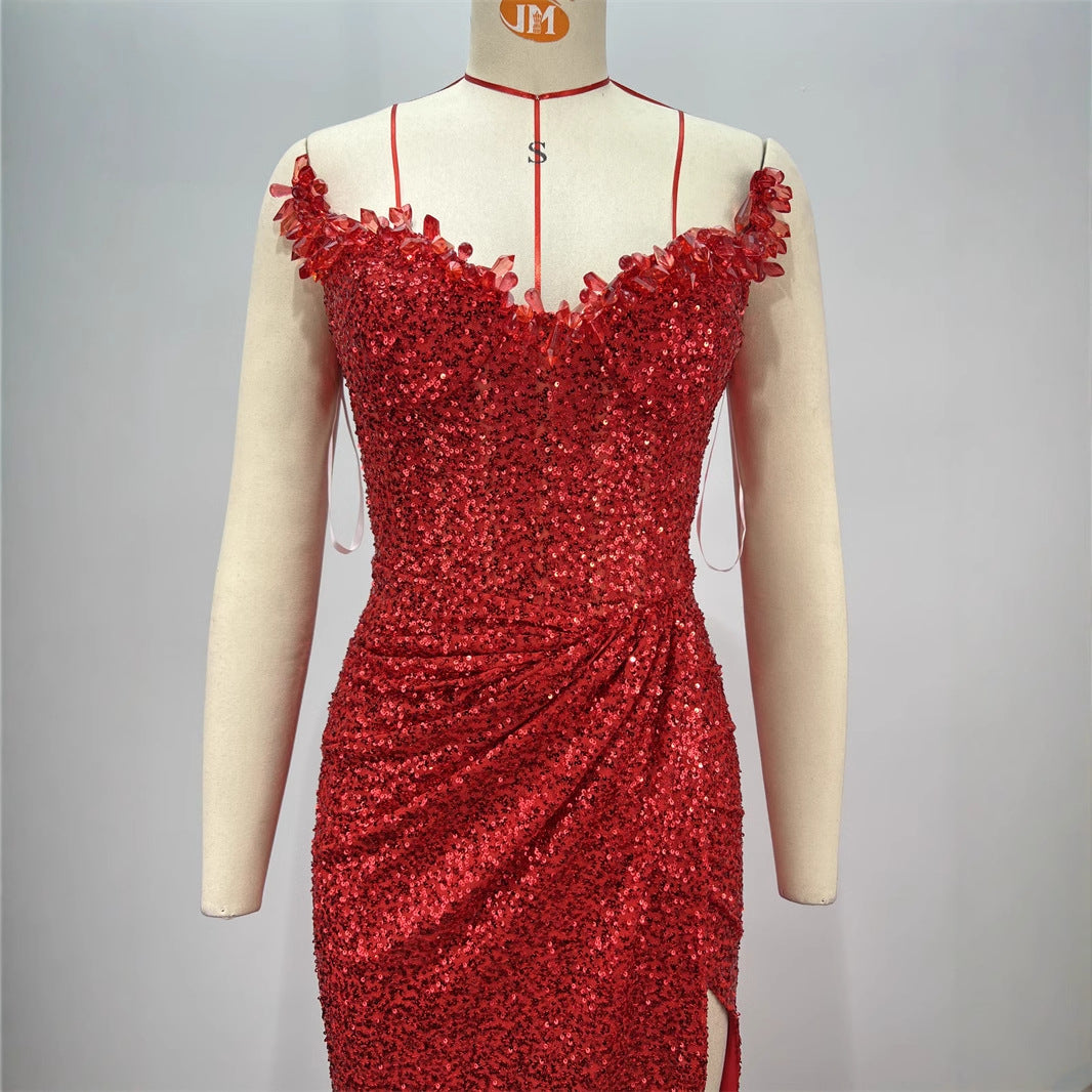Drop-shaped Diamond Low-cut High Sitt Red Paillette Tube Coat And Dress