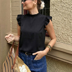 Women's French-style Ruffle-trimmed Stand Collar Flounce-sleeveless Top
