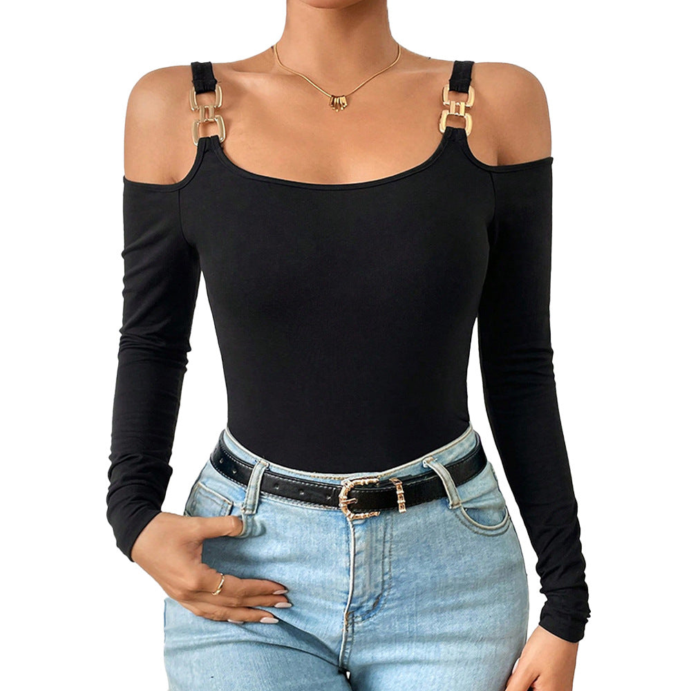 Women's Spring And Summer Fashion Simple Suspender Off-Shoulder Metal Hook Long-Sleeved Top