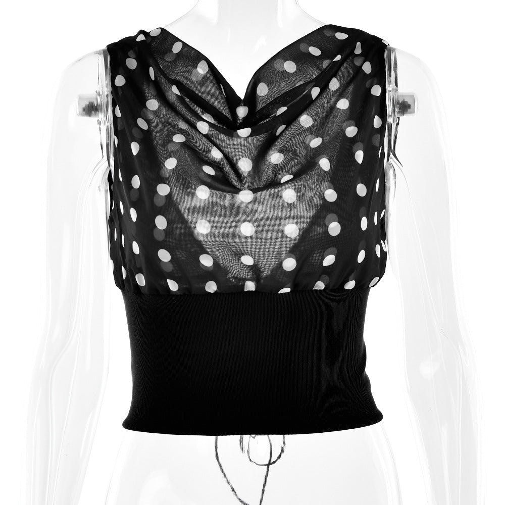 Polka Dots Print Oblique Shoulder Tops Summer Patchwork Chiffon Crop Top Women Sleeveless Lace Up Backless Blouse Casual Streetwear Tee