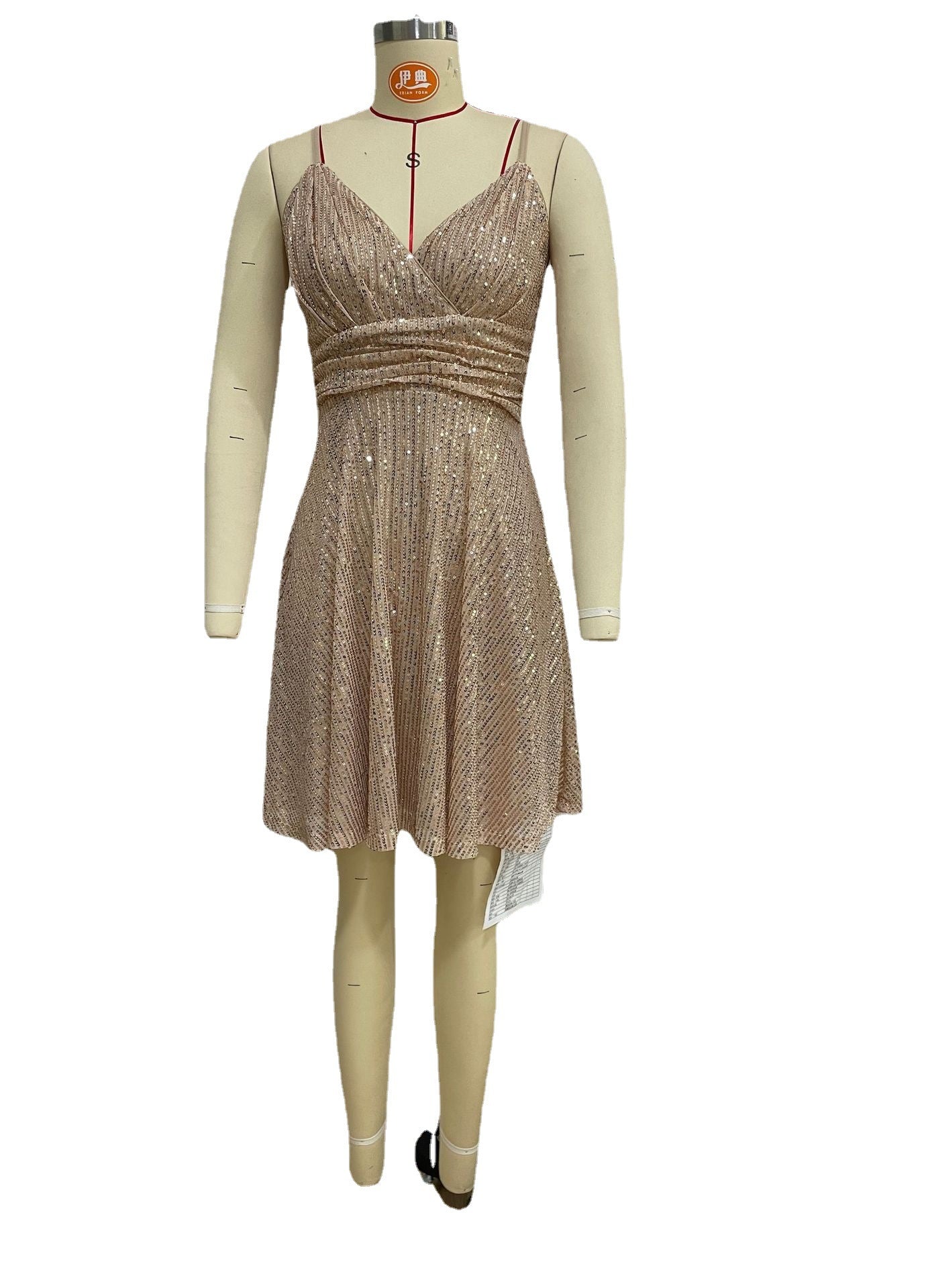 Autumn And Winter New Women's Gorgeous Sequined Dress Pleated Cross Strap Vacation Style Dress