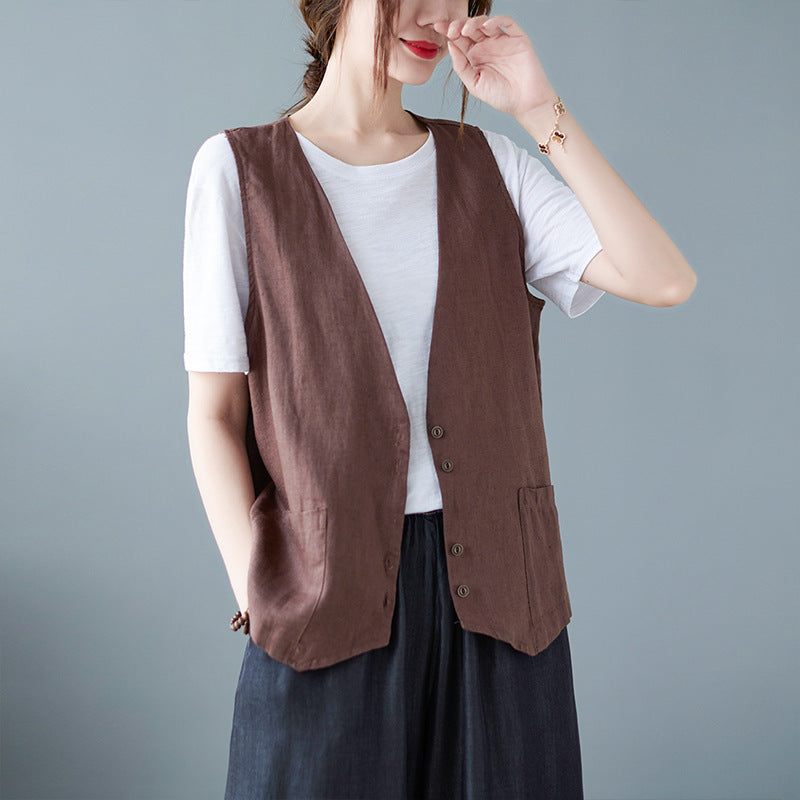 Artistic Relaxed-fit Solid-color Cotton-linen Sleeveless Vest