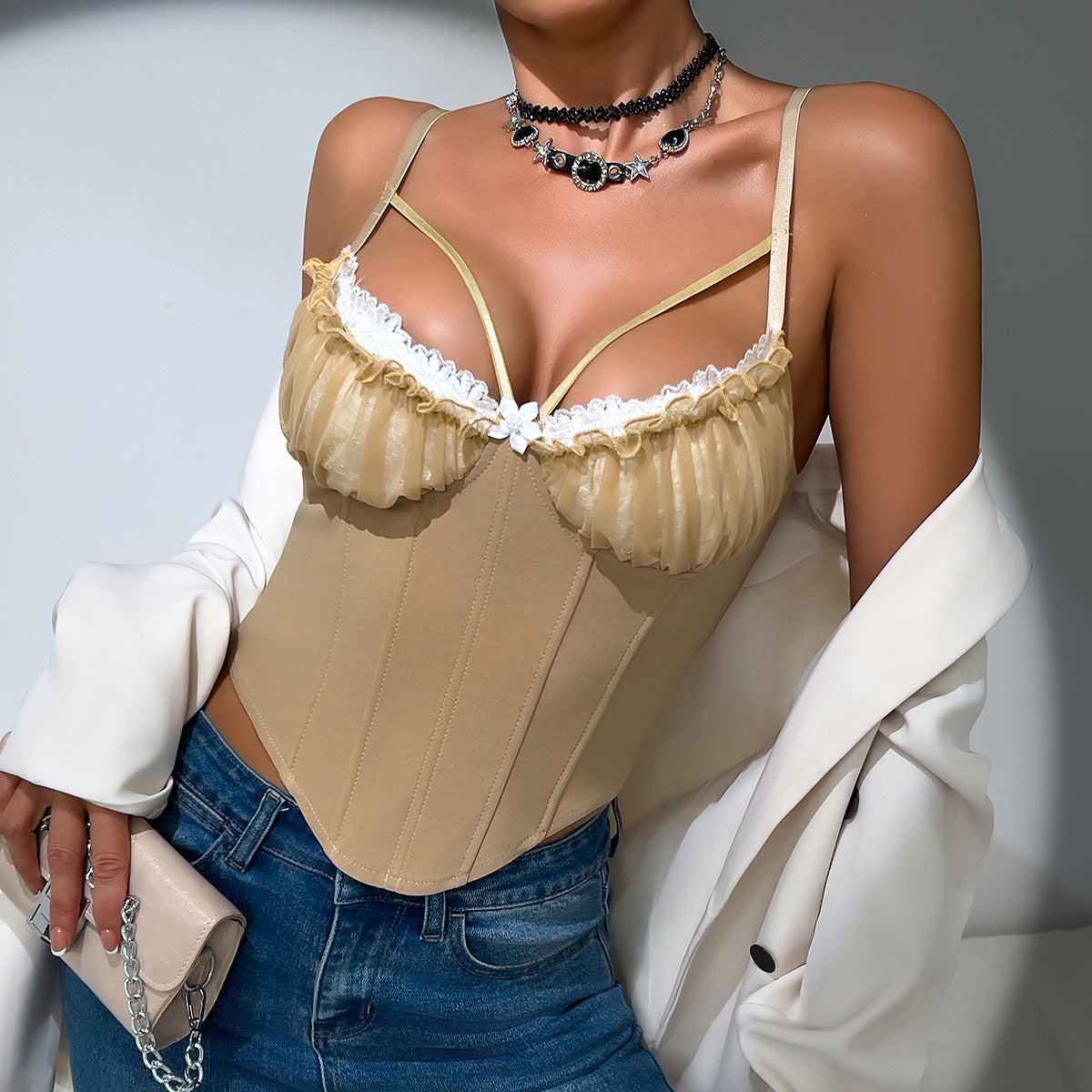 Sheer Mesh Stitching Lace Backless Fishbone Vest